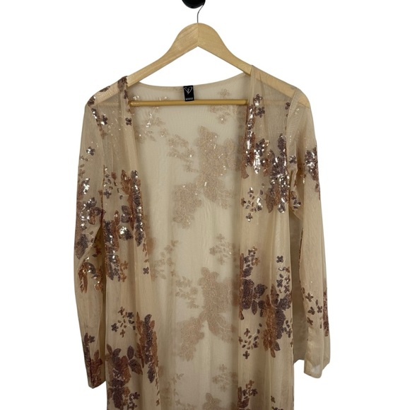 Windsor Mesh Sheer Sequin Floral Open Maxi Duster Kimono Gold Size S - Picture 4 of 9